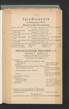 Sprechstunden im Wintersemester 1930/31