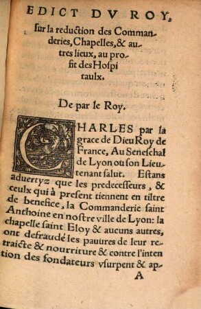 Edict Dv Roy, Svr La Reduction des Commanderies, Chapelles, & autres lieux, au profit des Hospitaulx
