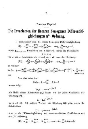 Zweites Capitel - Die Invarianten der linearen homogenen Differentialgleichungen nter Ordnung.