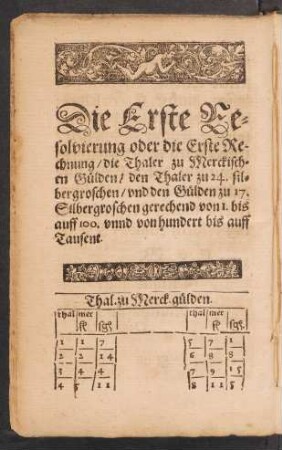 Die Erste Resolvierung oder die Erste Rechnung/ die Thaler zu Merckischen Gülden ...