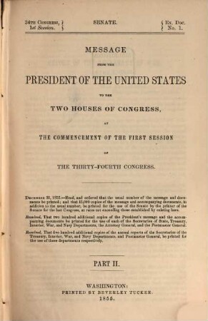 Message from the President of the United States to the two Houses of Congress, 34,2. 1855, Sess. 1