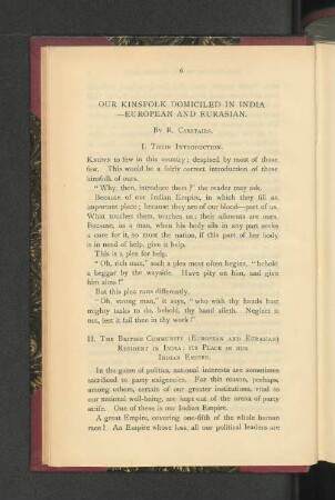 Our Kinsfolk Domiciled in India. European and Eurasian.