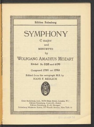 Symphony C major and menuetto : Köchel No 338 and 409
