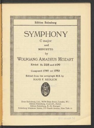 Symphony C major and menuetto : Köchel No 338 and 409