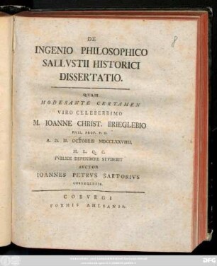 De Ingenio Philosophico Sallvstii Historici Dissertatio