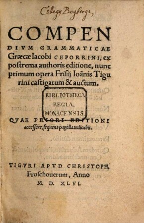 Compendivm Grammaticae Graecae Iacobi Ceporini : ex postrema authoris editione
