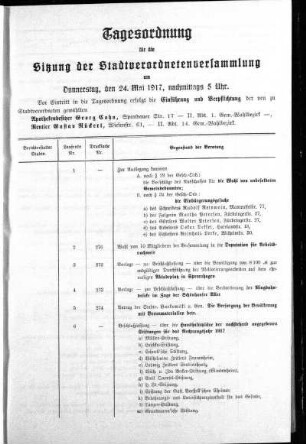 Anlage: Tagesordnung für die Sitzung, 19. Mai 1917