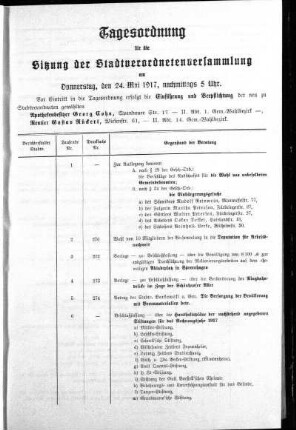 Anlage: Tagesordnung für die Sitzung, 19. Mai 1917