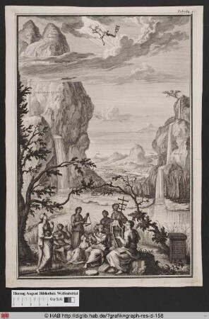 Die neun Musen am Ufer der Quelle am Fuße des Helikon, in den Wolken Merkur und Pegasus.