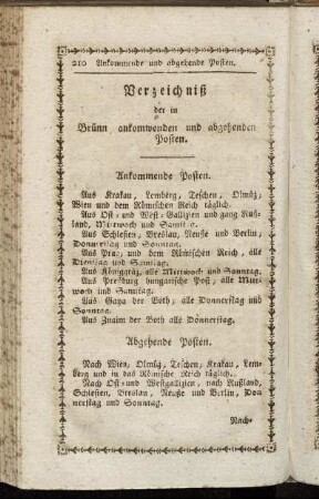Verzeichniß der in Brünn ankommenden und abgehenden Posten.
