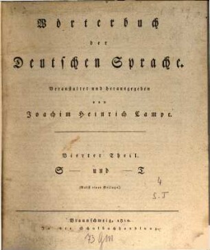 Wörterbuch der deutschen Sprache. 4, S und T (nebst einer Beilage)