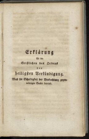 Erklärung für die Geistlichen des Ordens der heiligsten Verkündigung.