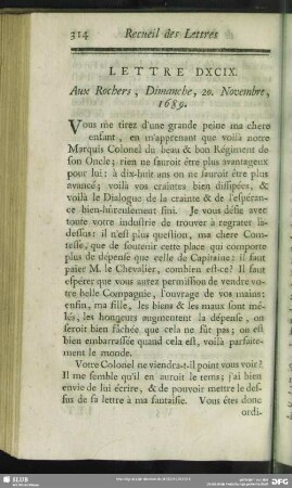 Lettre DXCIX. Aux Rochers, Dimanche, 20. Novembre, 1689