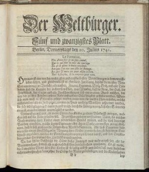 Fünf und zwanzigstes Blatt. Berlin, Donnerstags den 20. Julius 1741.