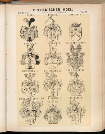Taf. 57. Fiege. - Fielitz. I. - Fielitz. II. - Finckh. I. - Finckh. II. - Claussen v. Fink. - Firnhaber. I. - Firnhaber. II. - Firnhaber. III. - Firnhaber v. Eberstein. - Fischer. I. - Fischer. II.
