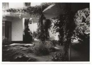 Garten Schwebes, Berlin-Dahlem: Wasserbecken am Wohnhaus, berankte Pergola
