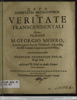 Dissertatio methaphysica de veritate transcendentali