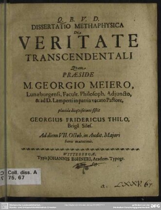 Dissertatio methaphysica de veritate transcendentali