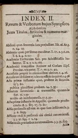 Index II. Rerum & Verborum hujus Synopseos Alphabeticus [...]