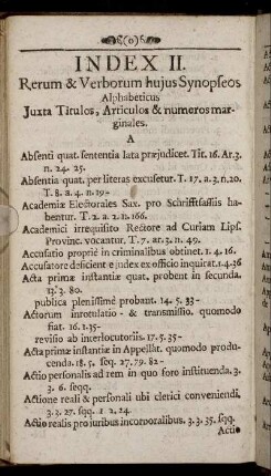 Index II. Rerum & Verborum hujus Synopseos Alphabeticus [...]