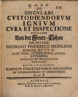 De Singvlari Cvstodiendorvm Ignivm Cvra Et Inspectione Speciatim Von der Feuer-Schau
