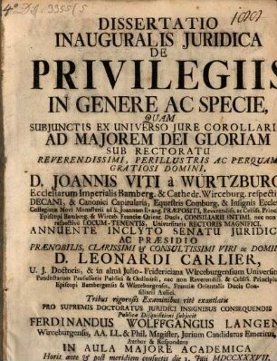 Dissertatio inauguralis juridica de privilegiis in genere ac specie
