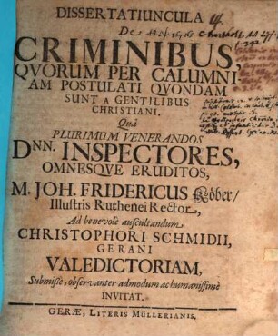 Dissertatiuncula de criminibus, quorum per calumniam postulati quondam sunt a gentilibus Christiani