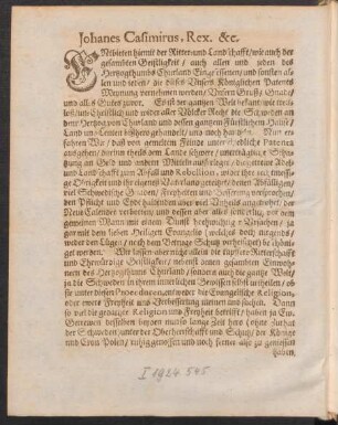 Johanes Casimirus, Rex. &c.