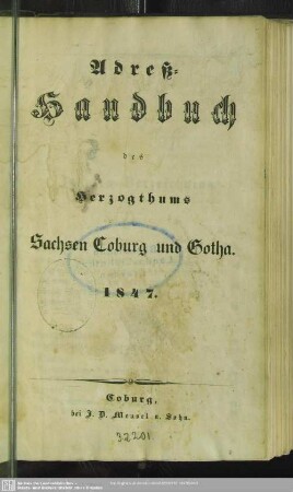 1847: Adreß-Handbuch des Herzogthums Sachsen-Coburg und Gotha