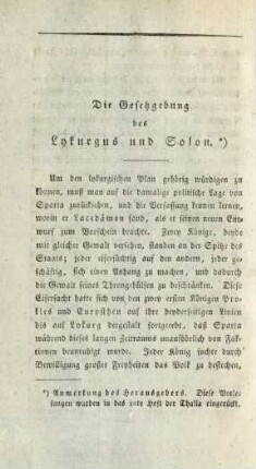 Die Gesetzgebung des Lykurgus und Solon
