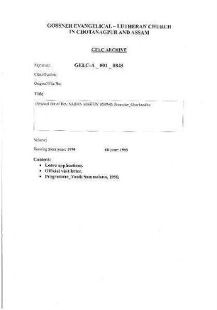 PERSONAL FILE OF REV. SABAN MARTIN TOPNO, PROMOTER GHARBANDHU