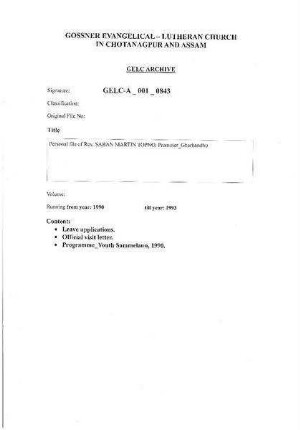 PERSONAL FILE OF REV. SABAN MARTIN TOPNO, PROMOTER GHARBANDHU