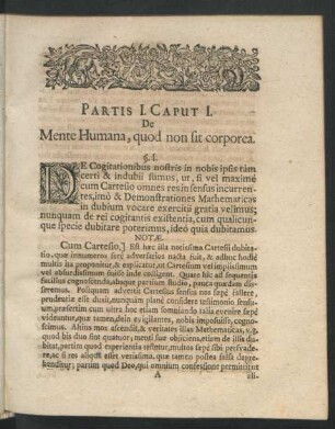Partis I. Caput I. De Mente Humana, quod non sit corporea.