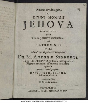 Dissertatio Philologica De Divini Nominis Jehova Anekphōnēsei