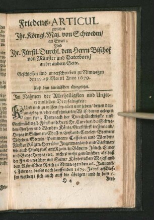 Friedens-Articul zwischen Ihr. Königl. Maj. von Schweden/ ...