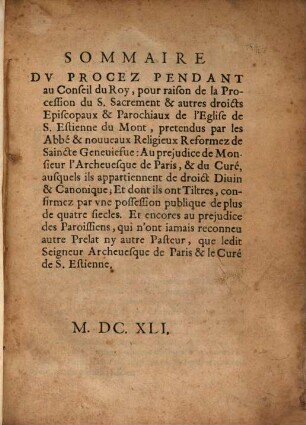 Sommaire du procez ... pour raison de la procession du S. Sacrement