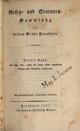 Gesetz- und Statutensammlung der Freien Stadt Frankfurt. 3. 1820/24 (1824), Dez. - Sept.