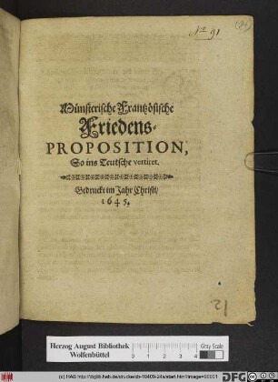Münsterische Frantzösische Friedens-Proposition : So ins Teutsche vertiret