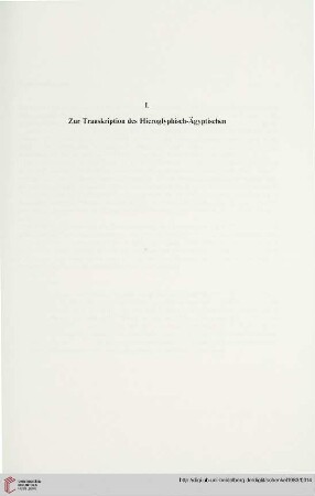 I: Zur Transkription des Hieroglyphisch-Ägyptischen