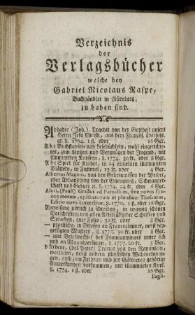 Verzeichnis der Verlagsbücher welche bey Gabriel Nicolaus Raspe, Buchhändler in Nürnberg, zu haben sind.