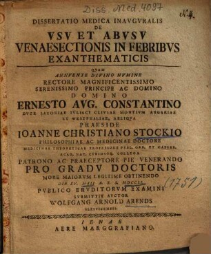 Dissertatio Medica Inavgvralis De Vsv Et Abvsv Venaesectionis In Febribvs Exanthematicis