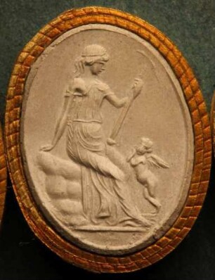Venus (Aphrodite) sitzend, Cupido (Eros) hat seinen Arm auf ihr Knie gestemmt (Daktyliothek, Supplement)