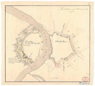 Dresden, Festungswerke, ca. 1:5 500, Handzeichnung, um 1750 : [Dresden, nur Festungswerke]. - [Ca. 1:5 500]. - [S.l. : um 1750]. - 1 Kt. : kolor. Handzeichng. ; 48 x 44 cm