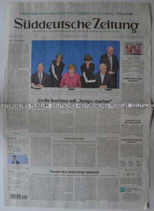 Tageszeitung "Süddeutsche Zeitung" mit Titel zur Regierungsbildung in Deutschland