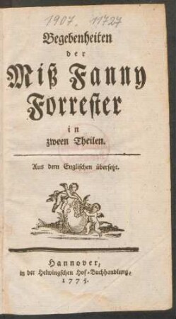 Begebenheiten der Miß Fanny Forrester : in zween Theilen ; Aus dem Englischen übersetzt