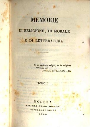 Memorie di religione, di morale e di letteratura, 1/2. 1822 = Fasc. 1 - 6