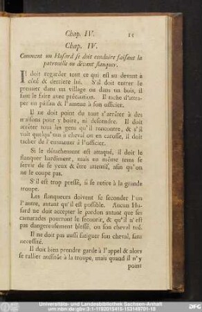 Chap. IV. Comment un Husard se doit conduire faisant la patrouille ou dêvant flanquer.