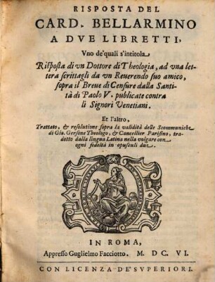 Risposta a due libretti ... : sopra il Breve di Censure della santità di Paolo V.