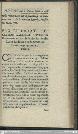 Pro Libertate Ecclesiae Gallicae Adversus Romanam aulam defensio Parisiensis Curiae Ludouico undecimo Gallorum regi quondam oblata