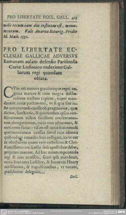 Pro Libertate Ecclesiae Gallicae Adversus Romanam aulam defensio Parisiensis Curiae Ludouico undecimo Gallorum regi quondam oblata